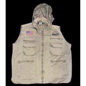 Fox Outdoor Khaki Utility Vest Size L Fishing Hunting Tactical Pockets Hood Flag